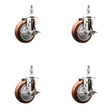 Service Caster 4 Inch 316SS Maroon Polyurethane Swivel 10mm Threaded Stem Caster Set Brake SS316TS20S414-PPUB-MRN-TLB-M1015-4